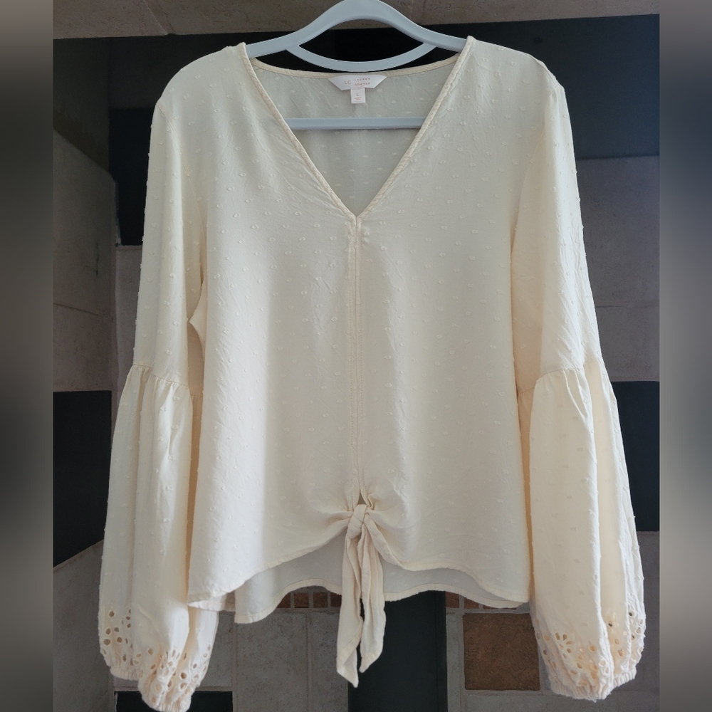 LC Lauren Conrad Cream Bishop Sleeve Tie-Front Blouse Size Large